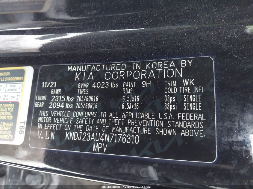 2022 Kia Soul Lx VIN: KNDJ23AU4N7176310 Lot: 43880930