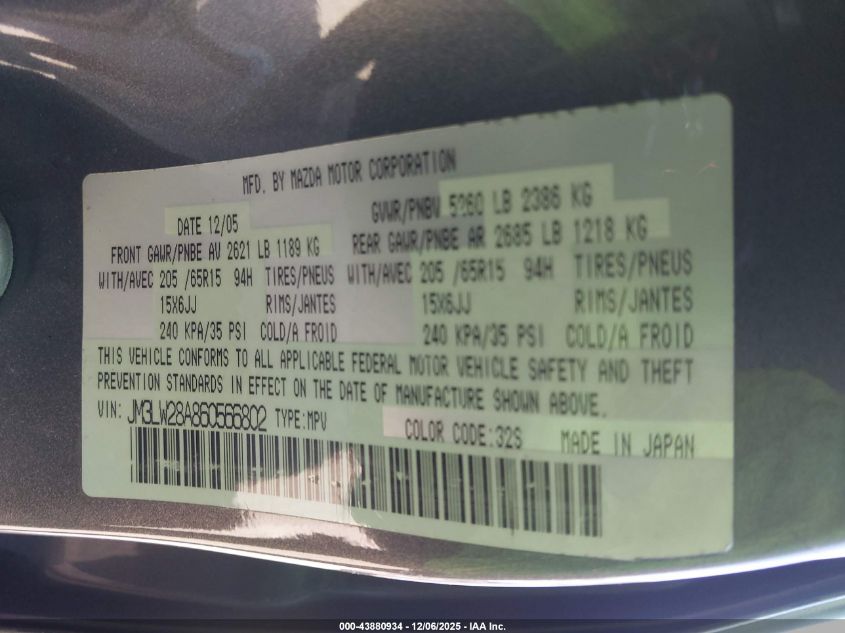2006 Mazda Mpv Lx-Sv VIN: JM3LW28A860566802 Lot: 43880934