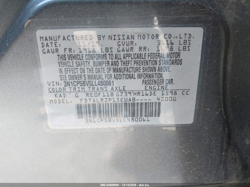 2020 Nissan Kicks S Xtronic Cvt VIN: 3N1CP5BV5LL480061 Lot: 43880950