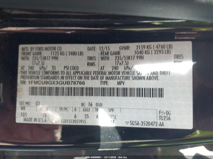 2016 Ford Escape Se VIN: 1FMCU9GX3GUB78766 Lot: 43880951