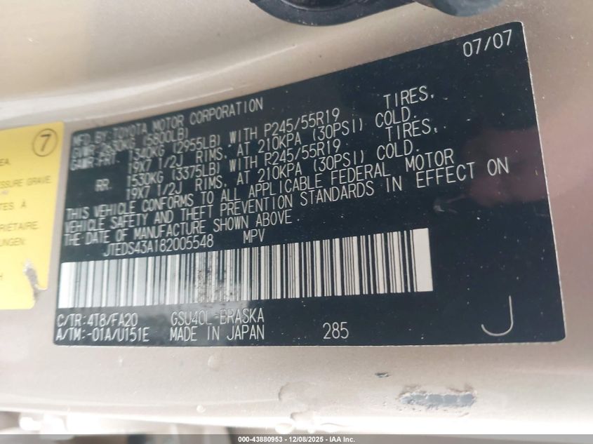 2008 Toyota Highlander Sport VIN: JTEDS43A182005548 Lot: 43880953