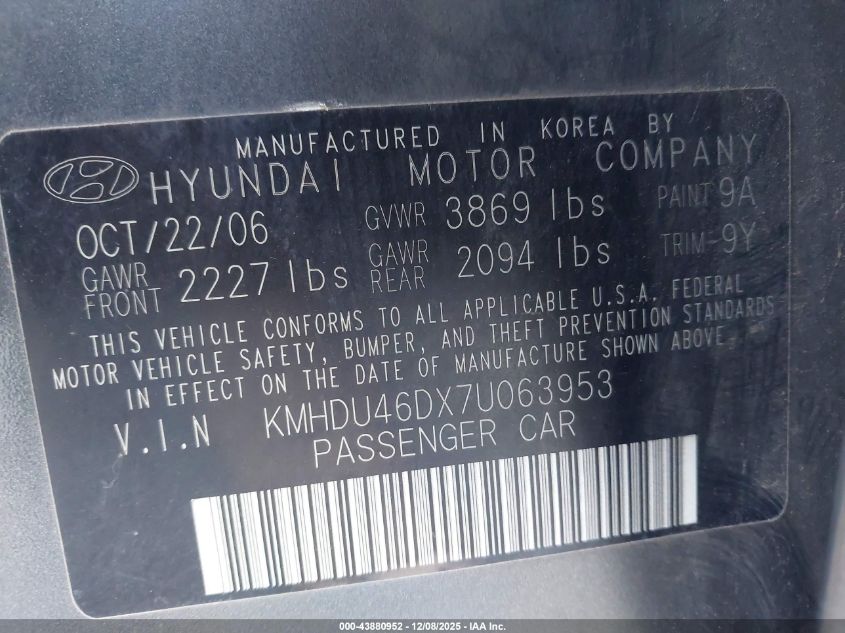 2007 Hyundai Elantra Gls/Limited/Se VIN: KMHDU46DX7U063953 Lot: 43880952