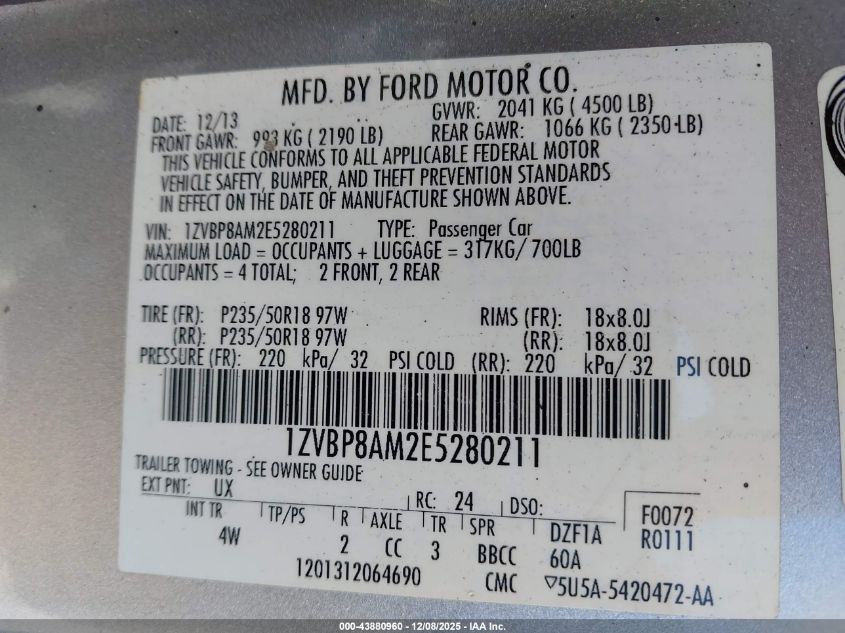 2014 Ford Mustang V6 Premium VIN: 1ZVBP8AM2E5280211 Lot: 43880960