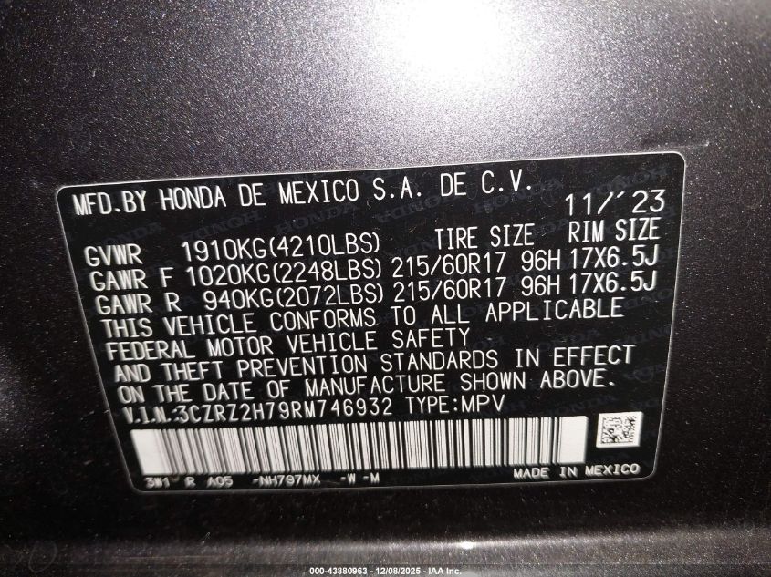 2024 Honda Hr-V Awd Ex-L/Awd Ex-L W/O Bsi VIN: 3CZRZ2H79RM746932 Lot: 43880963