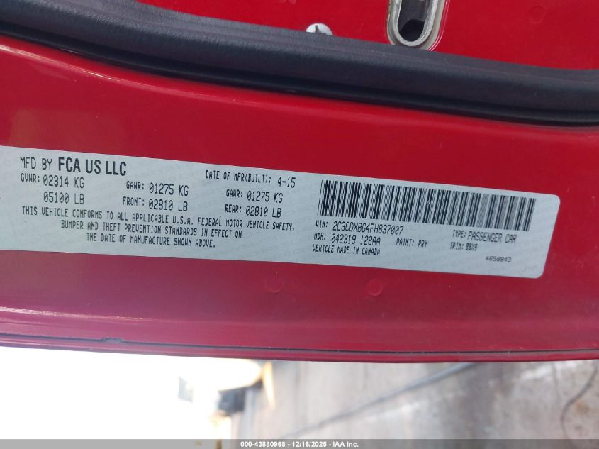 2015 Dodge Charger Se VIN: 2C3CDXBG4FH837007 Lot: 43880968