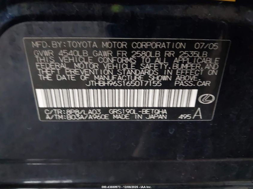 2006 Lexus Gs 300 VIN: JTHBH96S165017155 Lot: 43880973