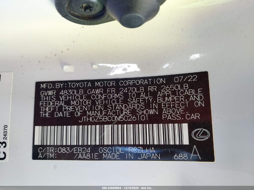 2022 Lexus Rc 350 F Sport VIN: JTHGZ5BC0N5026101 Lot: 43880984