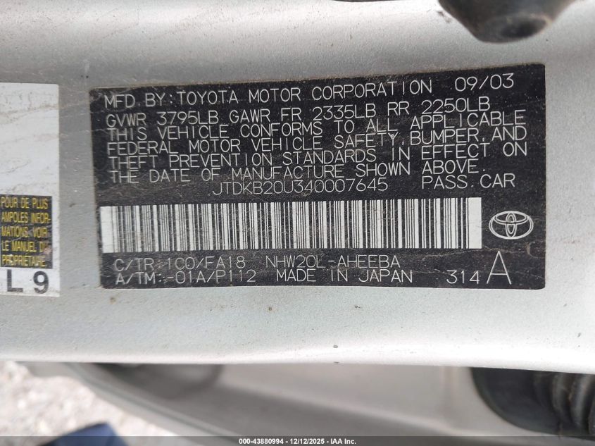 2004 Toyota Prius VIN: JTDKB20U340007645 Lot: 43880994