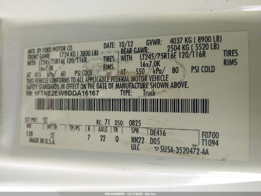 2013 Ford E-250 Commercial VIN: 1FTNE2EW6DDA16167 Lot: 43880998