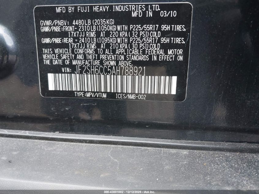 2010 Subaru Forester 2.5X Premium VIN: JF2SH6CC5AH788921 Lot: 43881002