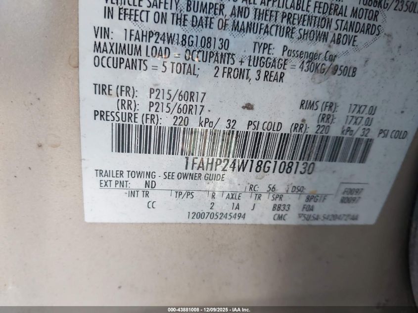 2008 Ford Taurus Sel VIN: 1FAHP24W18G108130 Lot: 43881008