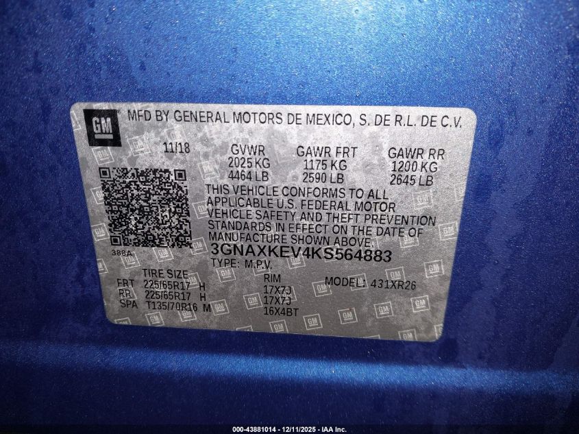2019 Chevrolet Equinox Lt VIN: 3GNAXKEV4KS564883 Lot: 43881014
