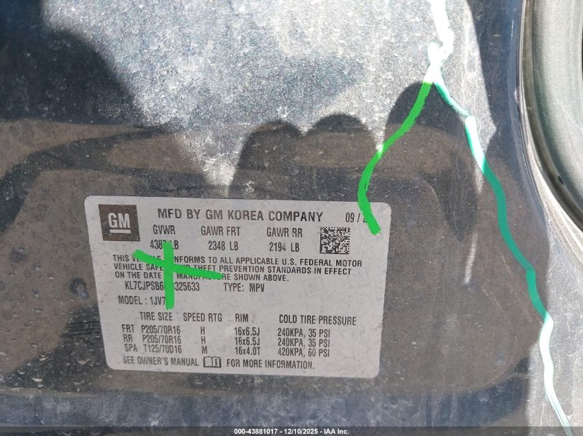 2021 Chevrolet Trax Awd Lt VIN: KL7CJPSB6MB325633 Lot: 43881017