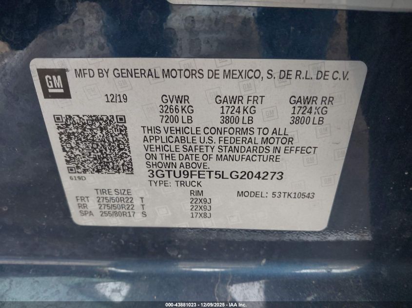 2020 GMC Sierra 1500 4Wd Short Box Denali VIN: 3GTU9FET5LG204273 Lot: 43881023