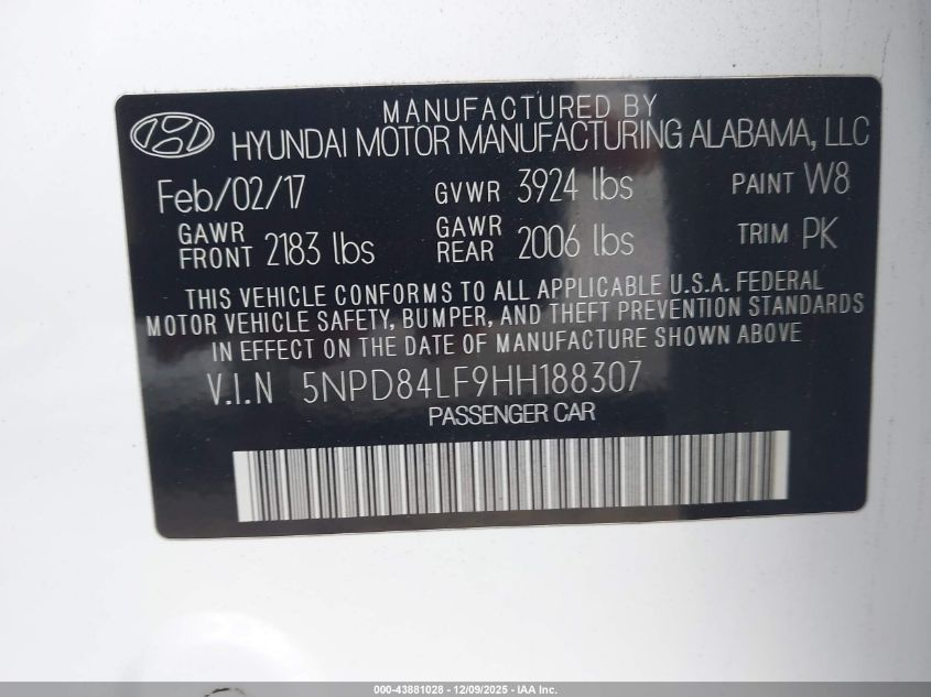 2017 Hyundai Elantra Se VIN: 5NPD84LF9HH188307 Lot: 43881028