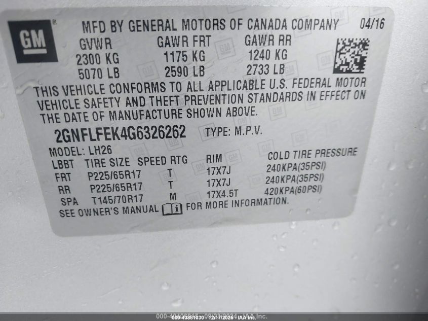 2016 Chevrolet Equinox Lt VIN: 2GNFLFEK4G6326262 Lot: 43881030