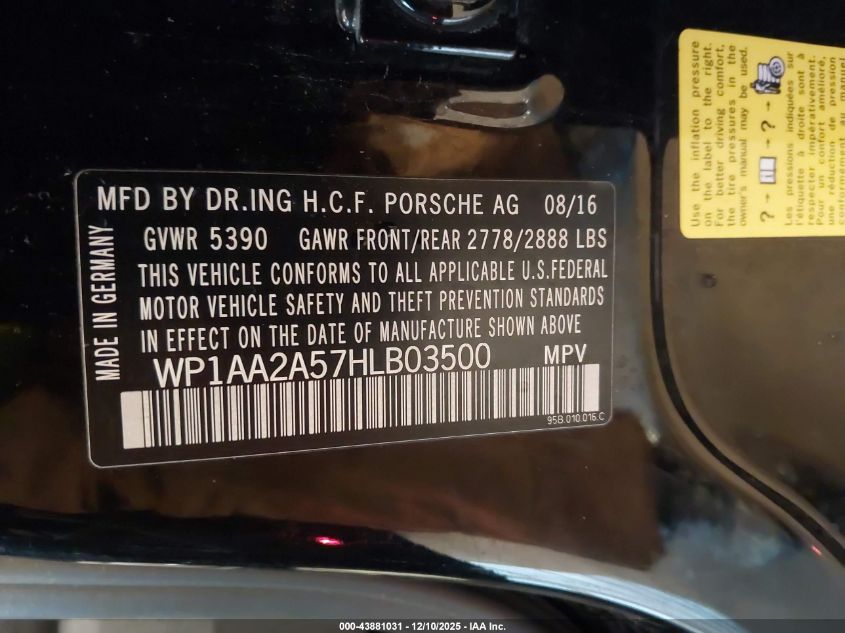 2017 Porsche Macan VIN: WP1AA2A57HLB03500 Lot: 43881031