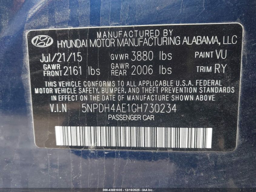 2016 Hyundai Elantra Value Edition VIN: 5NPDH4AE1GH730234 Lot: 43881035