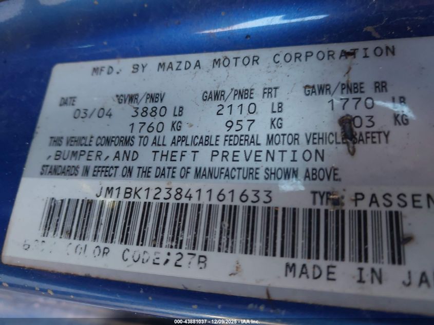 2004 Mazda Mazda3 S VIN: JM1BK123841161633 Lot: 43881037