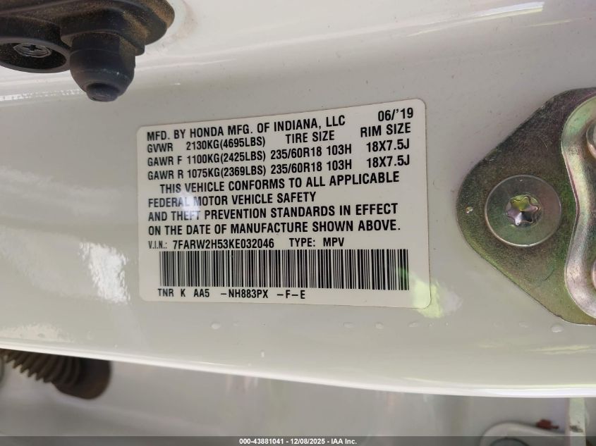 2019 Honda Cr-V Ex VIN: 7FARW2H53KE032046 Lot: 43881041