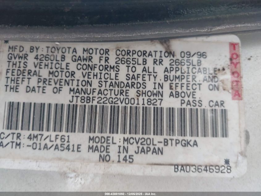 1997 Lexus Es 300 VIN: JT8BF22G2V0011827 Lot: 43881050