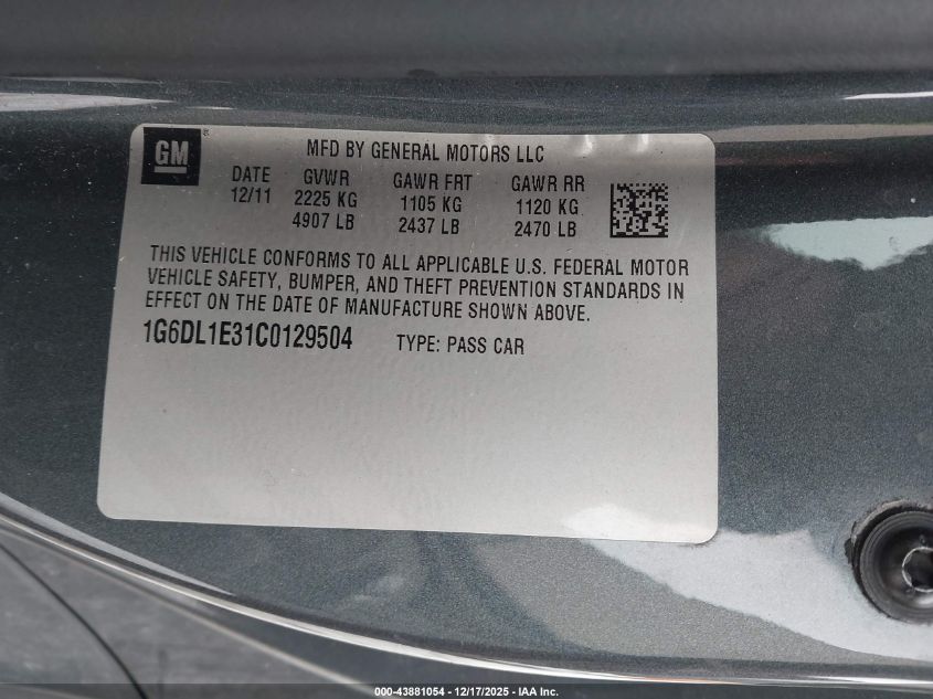 2012 Cadillac Cts Performance VIN: 1G6DL1E31C0129504 Lot: 43881054