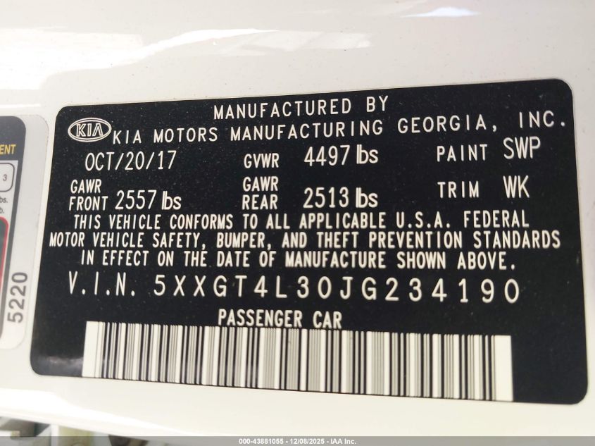 2018 Kia Optima S VIN: 5XXGT4L30JG234190 Lot: 43881055