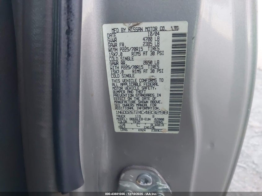1N6DD26T24C483298 2004 NISSAN NAVARA (FRONTIER) photo no. 9