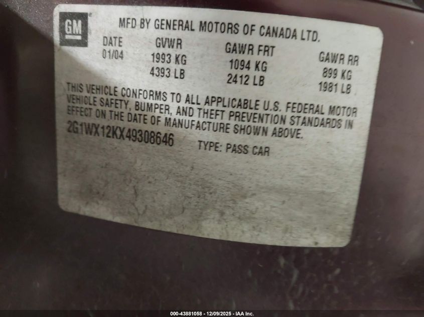 2004 Chevrolet Monte Carlo Ss VIN: 2G1WX12KX49308646 Lot: 43881058