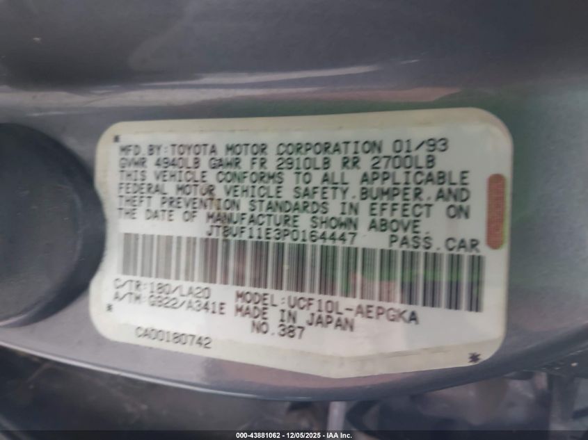 1993 Lexus Ls 400 VIN: JT8UF11E3P0164447 Lot: 43881062