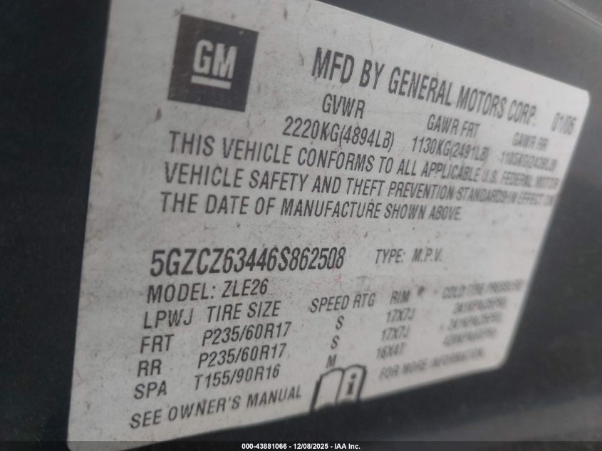 2006 Saturn Vue V6 VIN: 5GZCZ63446S862508 Lot: 43881066