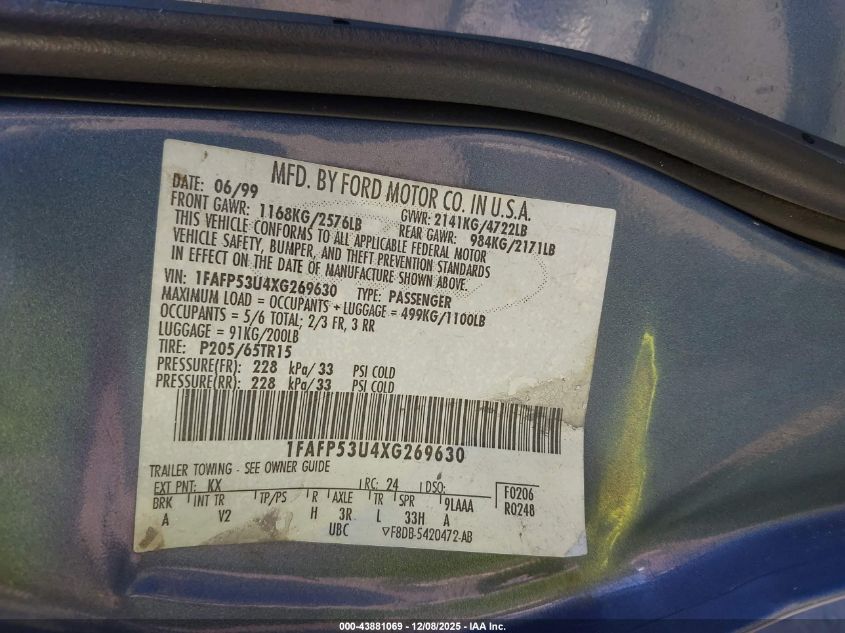 1999 Ford Taurus Se/Se-Ne VIN: 1FAFP53U4XG269630 Lot: 43881069