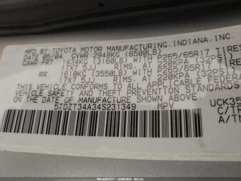 2004 Toyota Sequoia Sr5 V8 VIN: 5TDZT34A34S231349 Lot: 43881077