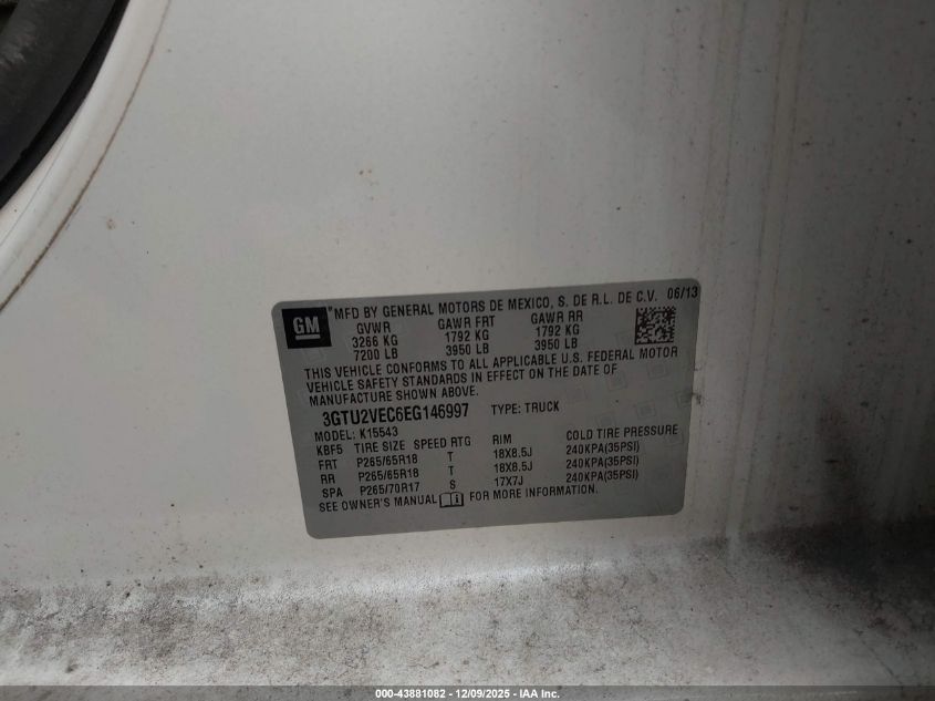 2014 GMC Sierra 1500 Slt VIN: 3GTU2VEC6EG146997 Lot: 43881082