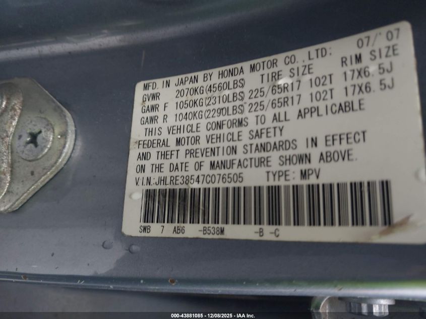 2007 Honda Cr-V Ex VIN: JHLRE38547C076505 Lot: 43881085