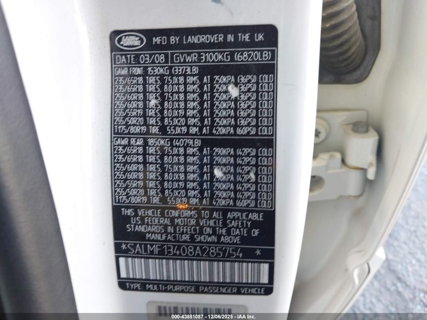 2008 Land Rover Range Rover Supercharged VIN: SALMF13408A285754 Lot: 43881087