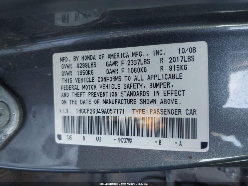 2009 Honda Accord 2.4 Lx VIN: 1HGCP26349A057171 Lot: 43881089