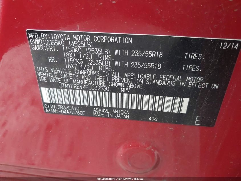 2015 Toyota Rav4 Limited VIN: JTMYFREV4FJ032530 Lot: 43881091