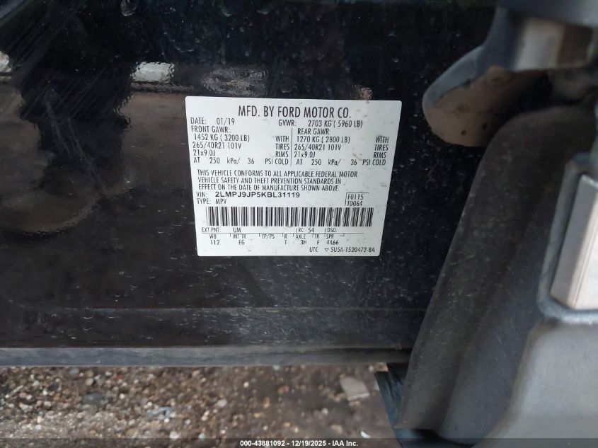 2019 Lincoln Nautilus Black Label VIN: 2LMPJ9JP5KBL31119 Lot: 43881092