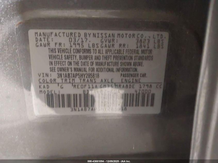 2017 Nissan Sentra S VIN: 3N1AB7AP5HY285818 Lot: 43881094