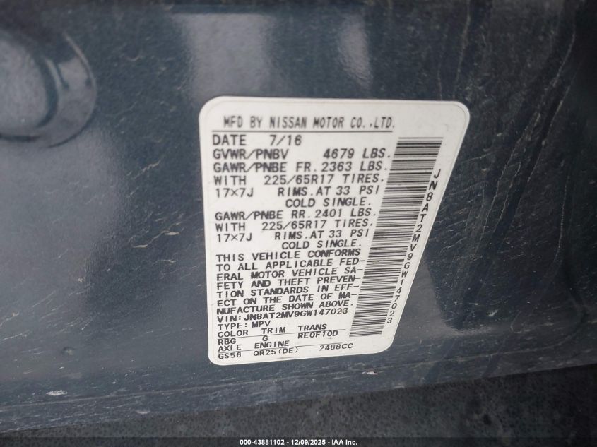 2016 Nissan Rogue Sv VIN: JN8AT2MV9GW147023 Lot: 43881102