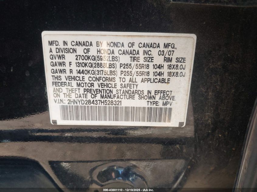 2007 Acura Mdx VIN: 2HNYD28437H528321 Lot: 43881110