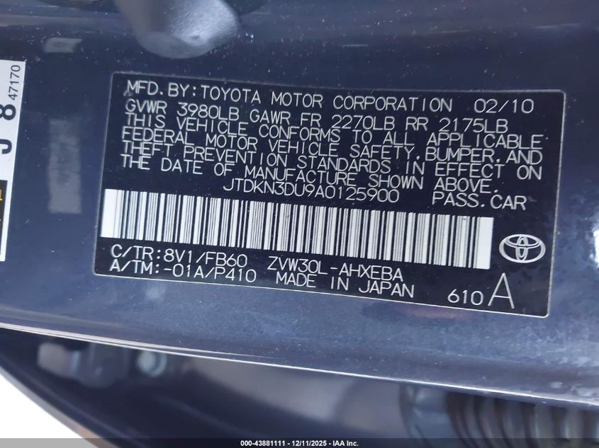 2010 Toyota Prius Ii VIN: JTDKN3DU9A0125900 Lot: 43881111