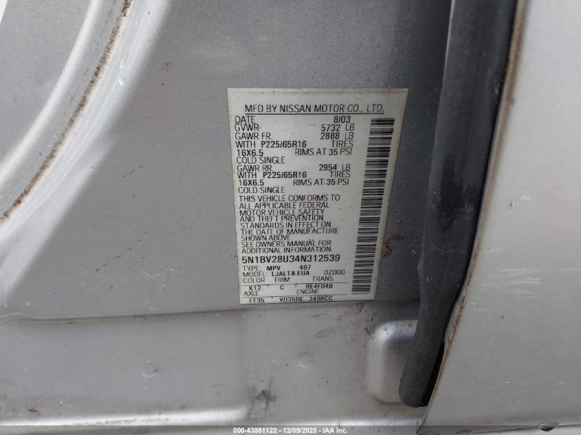 2004 Nissan Quest 3.5 Sl VIN: 5N1BV28U34N312539 Lot: 43881122