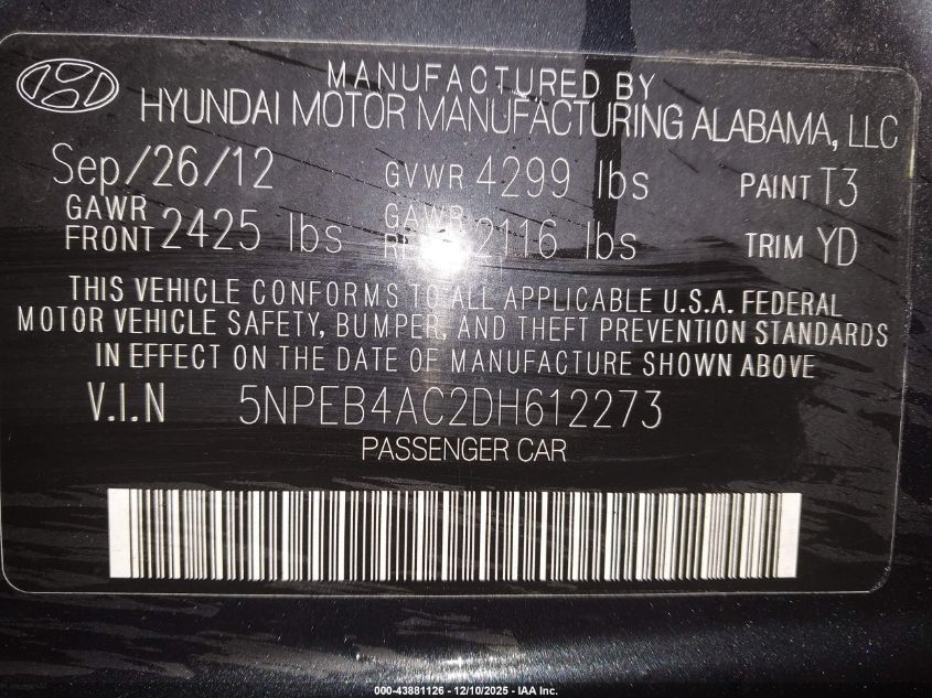 2013 Hyundai Sonata Gls VIN: 5NPEB4AC2DH612273 Lot: 43881126