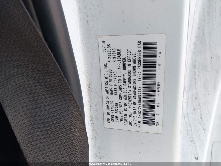 2016 Honda Accord Ex-L V-6 VIN: 1HGCT2B8XGA005117 Lot: 43881128