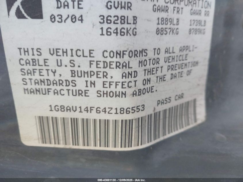 2004 Saturn Ion 2 VIN: 1G8AJ52F74Z186552 Lot: 43881130