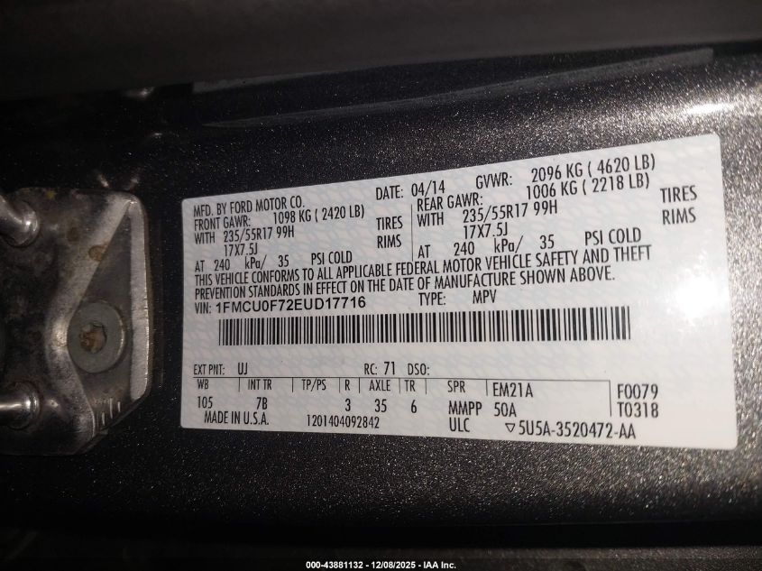 2014 Ford Escape S VIN: 1FMCU0F72EUD17716 Lot: 43881132