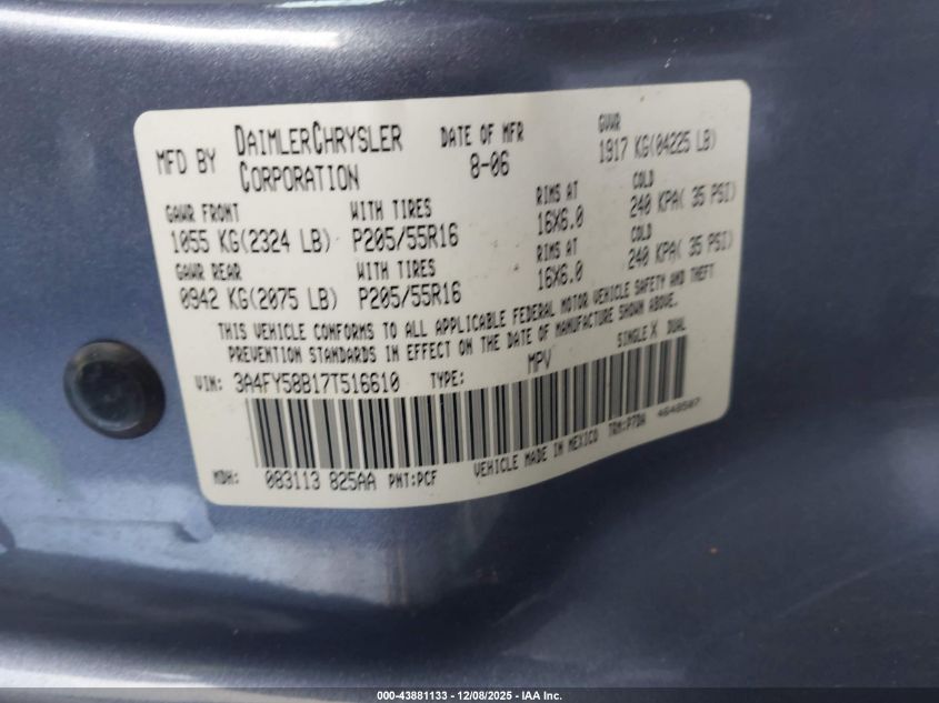 2007 Chrysler Pt Cruiser Touring VIN: 3A4FY58B17T516610 Lot: 43881133