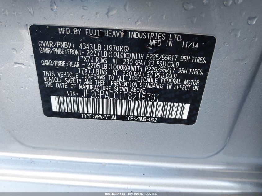 2015 Subaru Xv Crosstrek 2.0I Premium VIN: JF2GPADC1F8215791 Lot: 43881134